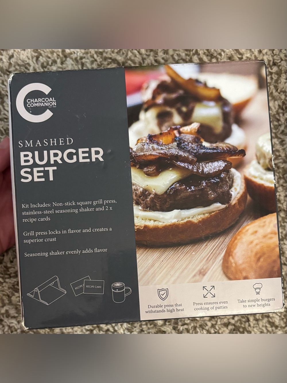 Charcoal Companion Smashed Burger Set New In Box- Shaker, Recipes, Press